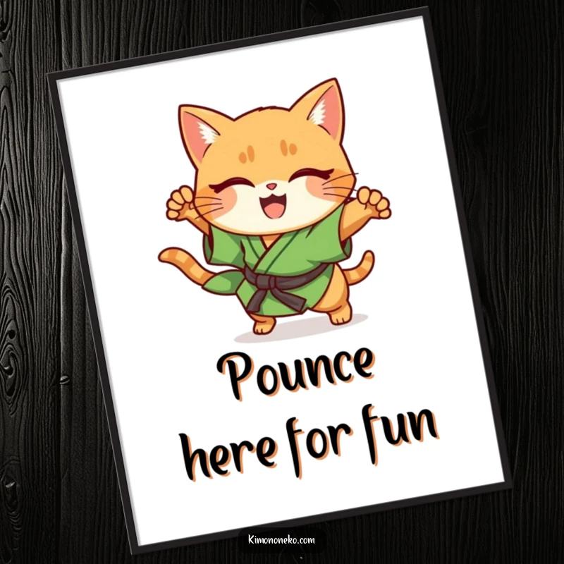Funny Free Printable Wall Art: Kawaii ginger cat in green kimono, performing a sudden, energetic pounce.