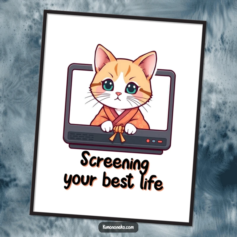 Funny Free Printable Wall Art: A curious cat in a bright kimono peeking mischievously from behind screens.