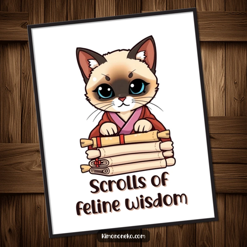 Funny Free Printable Wall Art: A Siamese cat in a stylish kimono peeking inquisitively over a tall stack of ancient scrolls.