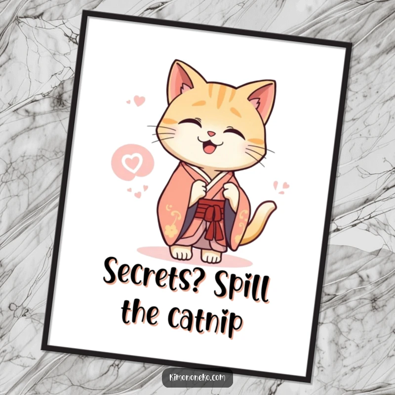 Funny Free Printable Wall Art: Kawaii cat in an elegant kimono shares a secret giggle, adding a playful vibe.