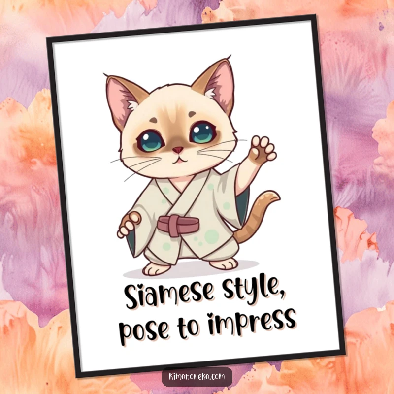 Funny free printable wall art of a Kawaii Siamese cat in a silk kimono practicing a dramatic, elegant pose.