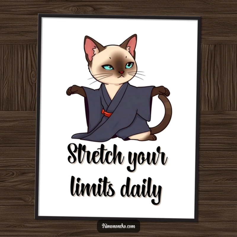 Funny Free Printable Wall Art: A sleek Siamese cat in a dark kimono elegantly stretching, exuding sophisticated charm.