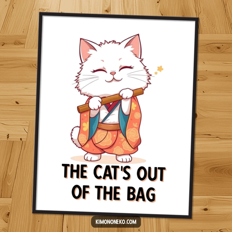 Funny Free Printable Wall Art: A fluffy white cat in a vibrant kimono miming playing a flute, adding artistic whimsy.