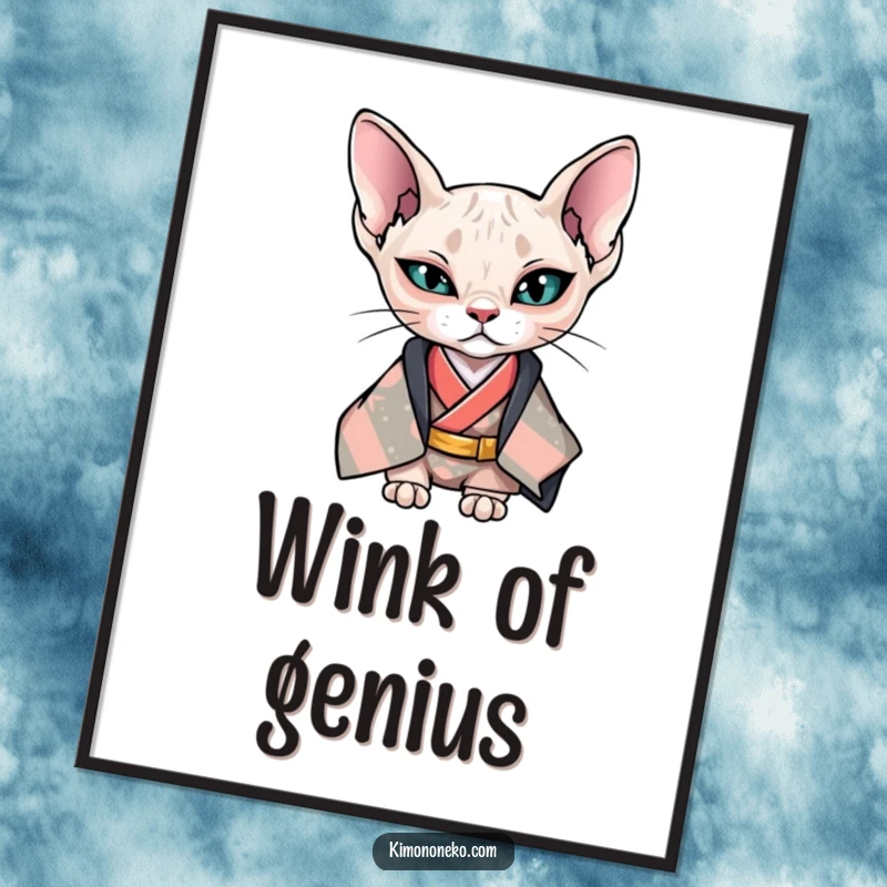 Funny Free Printable Wall Art: A Kawaii Sphynx cat in a cool kimono, giving a confident wink, adding attitude to any room.