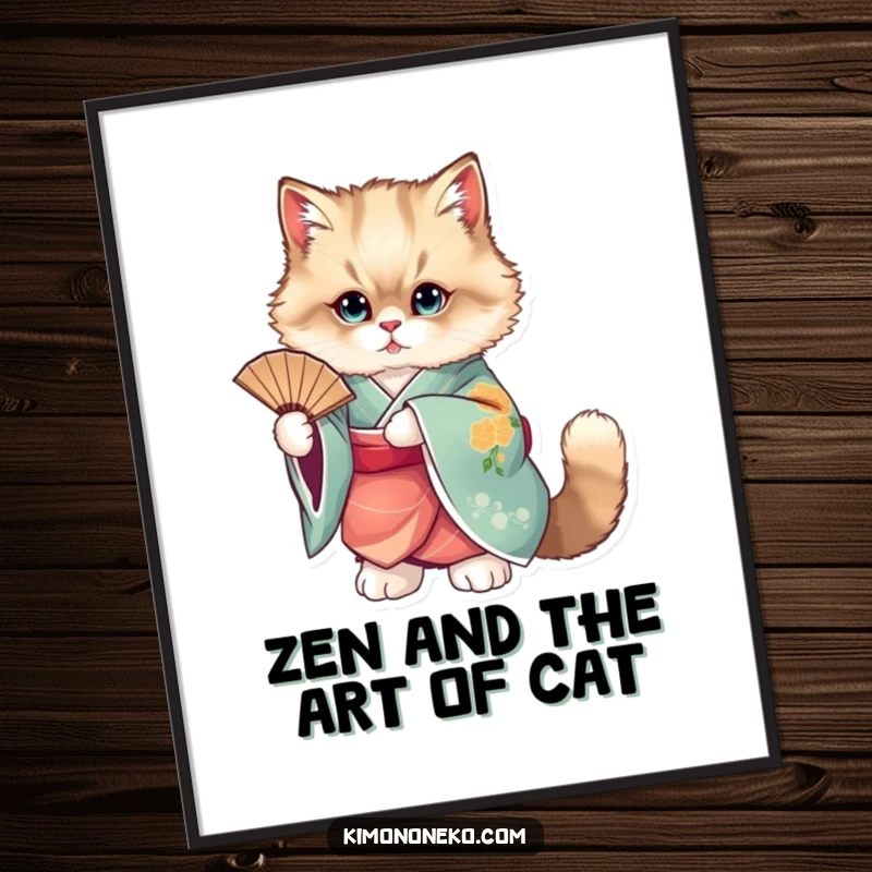 Funny Free Printable Wall Art: An elegant fluffy cat in a vibrant kimono strikes a poised pose with a fan.