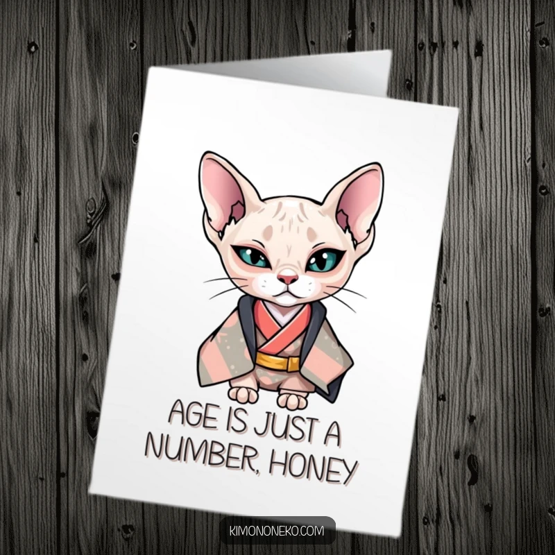 Funny Free Printable Birthday Card: A Kawaii Sphynx cat in a cool kimono, giving a confident wink.