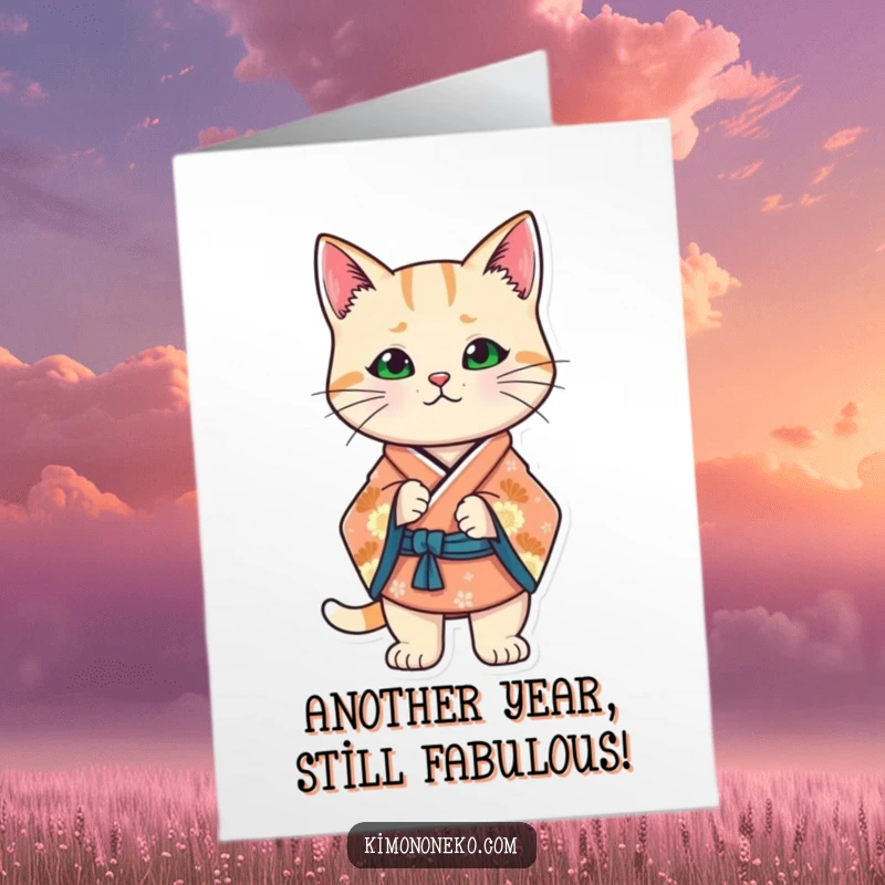 Funny Free Printable Birthday Card: Kawaii cat in a stylized kimono striking a confident, boss-like stance.