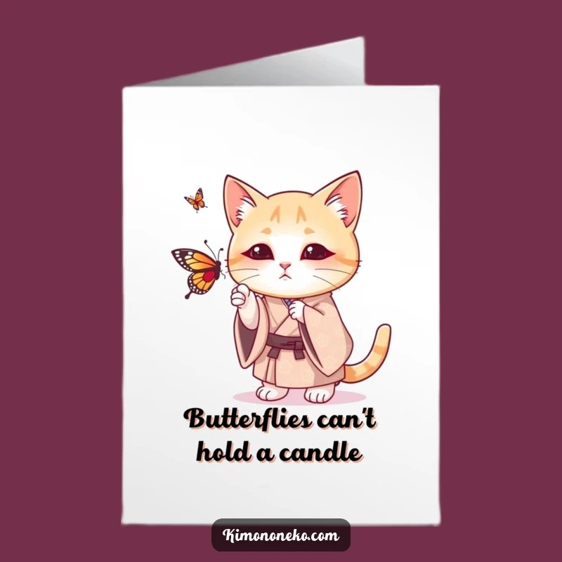 Free Printable Birthday Card: Funny Cat in Kimono Batting Butterfly - Downloadable Gift