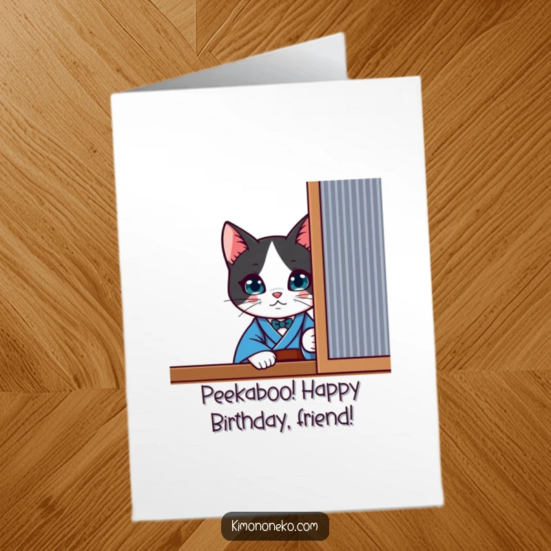 Free Printable Birthday Card: A curious kawaii tuxedo cat in a blue kimono peeks from behind a screen.