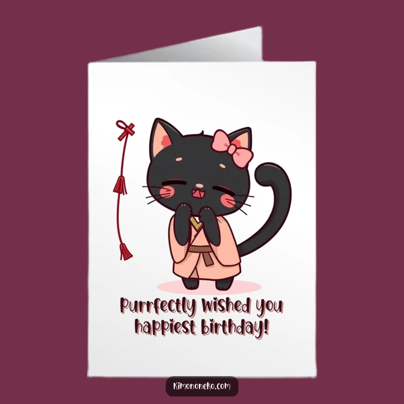 Free Printable Birthday Card: Funny Kawaii Black Cat Kimono, Playful String Batting Downloadable Gift