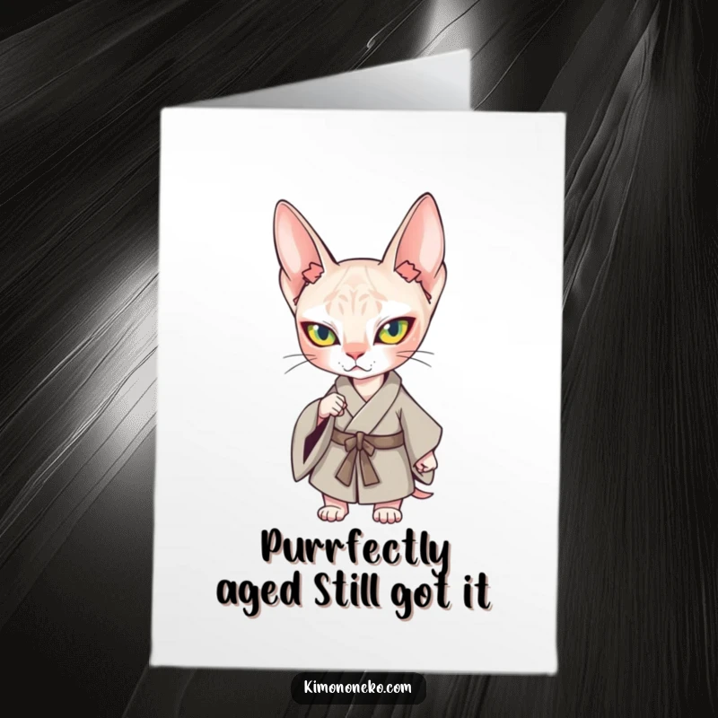 Funny Free Printable Birthday Card: Kawaii Sphynx Cat in Kimono poses confidently, ready for a purrfectly hilarious celebration.