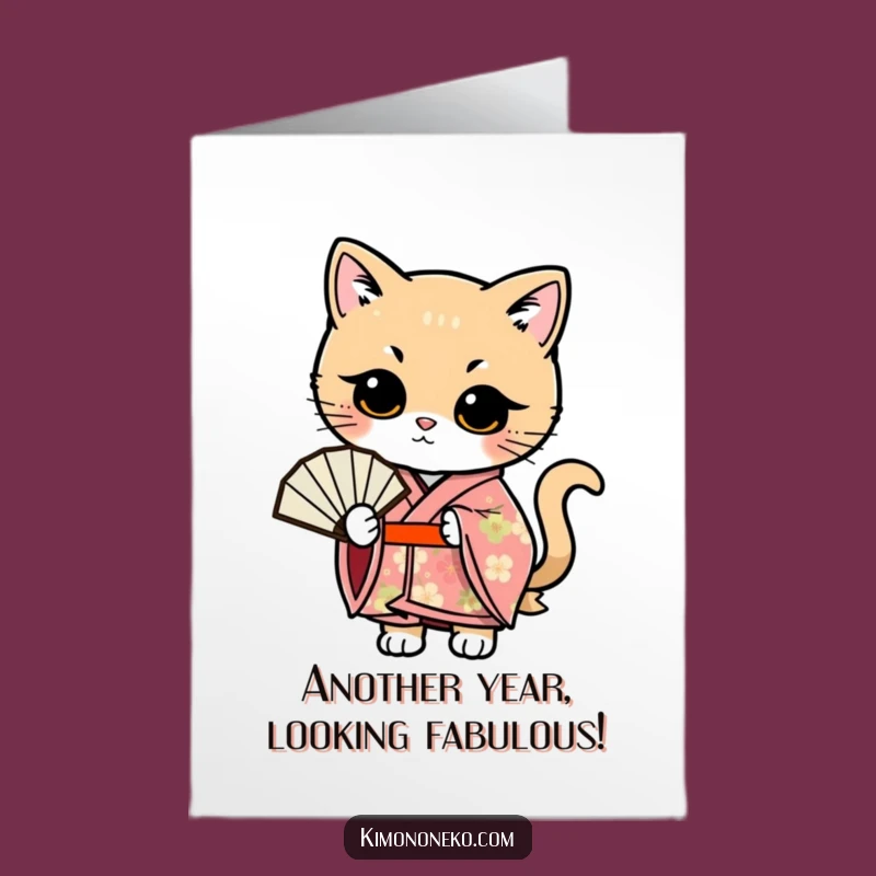 Free Printable Birthday Card: Kawaii Cat Fan Pose, Elegant Downloadable Gift