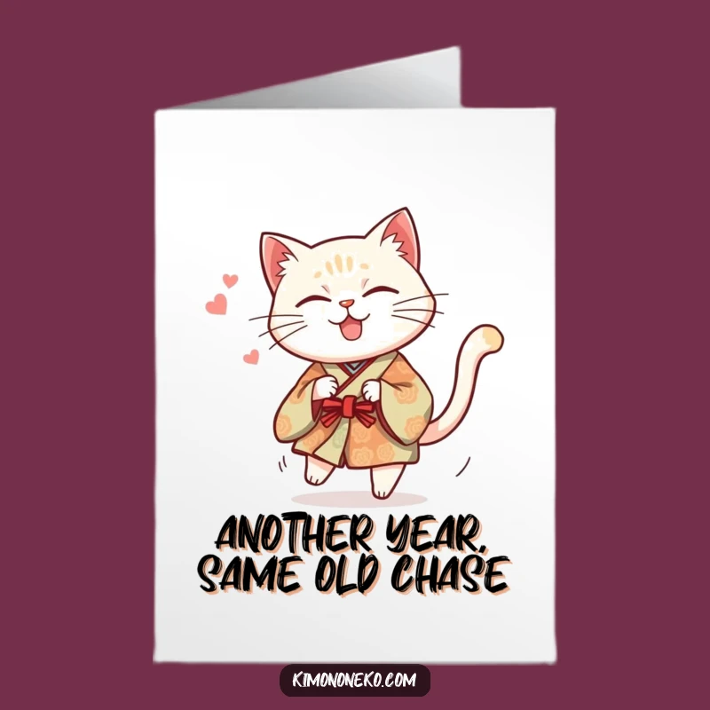 Free Printable Birthday Card: Mischievous Kimono Cat Tail Chase - Downloadable Gift