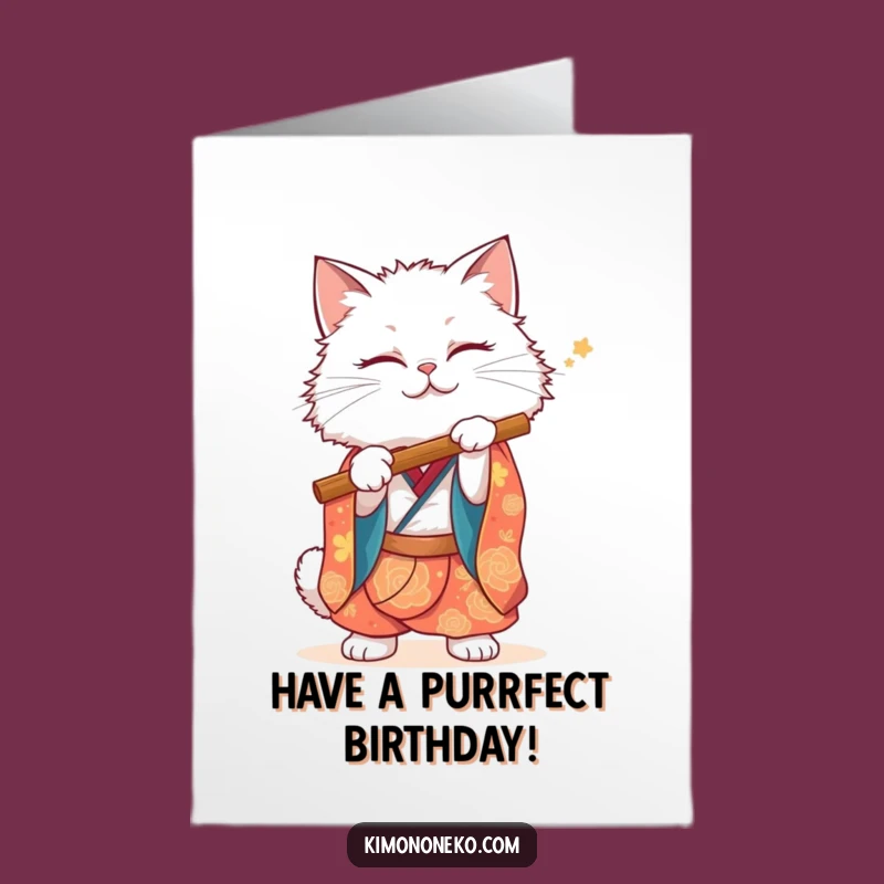 Free Printable Cat Birthday Card: Fluffy Flutist In Kimono - Funny Downloadable Gift
