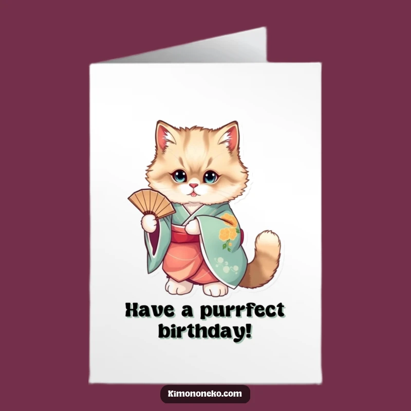 Free Printable Elegant Cat Birthday Card: Kimono Fan Dancer Downloadable Gift