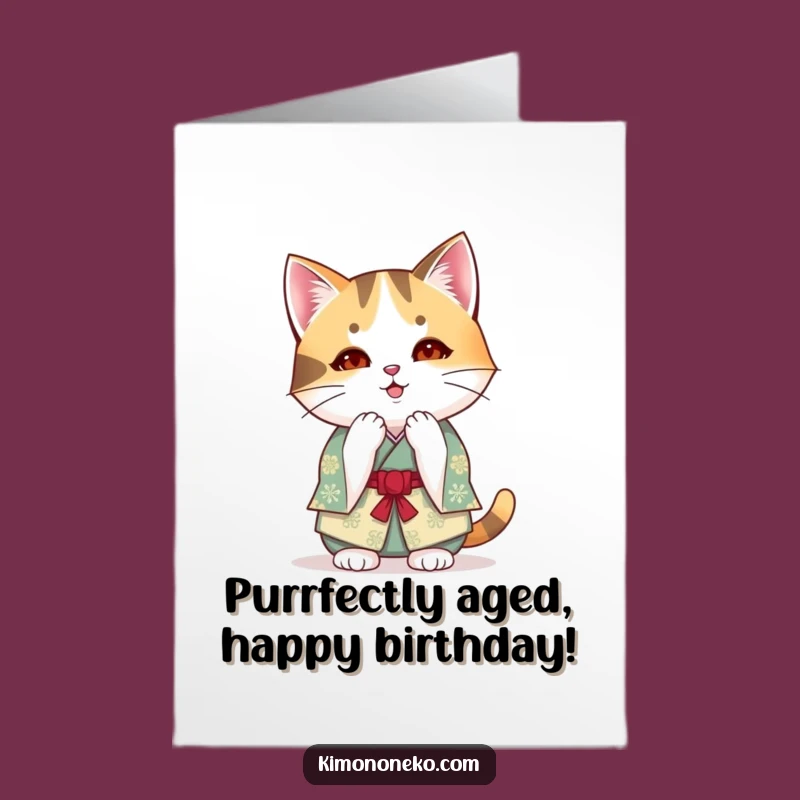 Free Printable Kawaii Calico Cat Birthday Card: Bowing with Joy