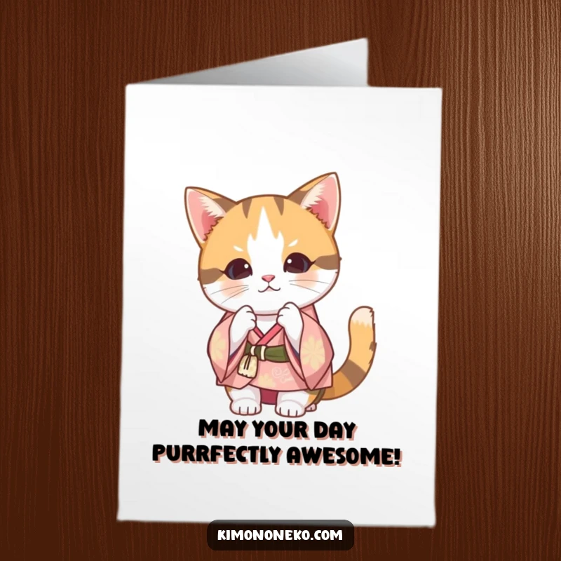 Funny Free Printable Birthday Card featuring a Kawaii calico cat in a festive kimono bowing gracefully, ready to deliver birthday wishes.