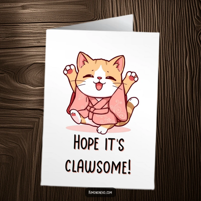 Funny Free Printable Birthday Card: Kawaii cat in a whimsical kimono performs a clumsy somersault, a tumble of birthday cheer.