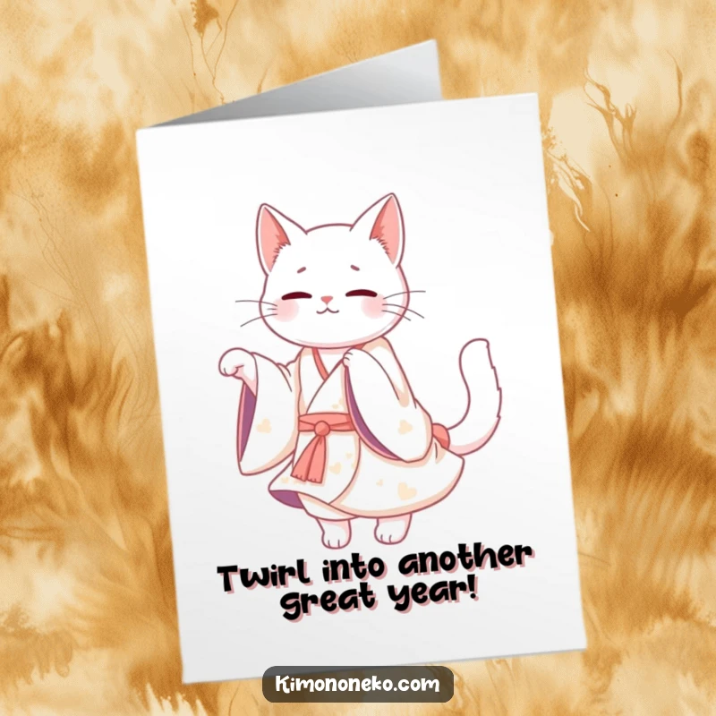 Funny Free Printable Birthday Card showcasing a Kawaii white cat in a flowing kimono, twirling with elegant grace.