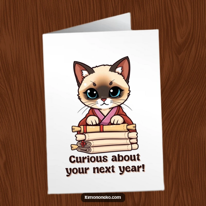 Funny Free Printable Birthday Card: Siamese cat in a stylish kimono peering curiously over a stack of ancient scrolls.