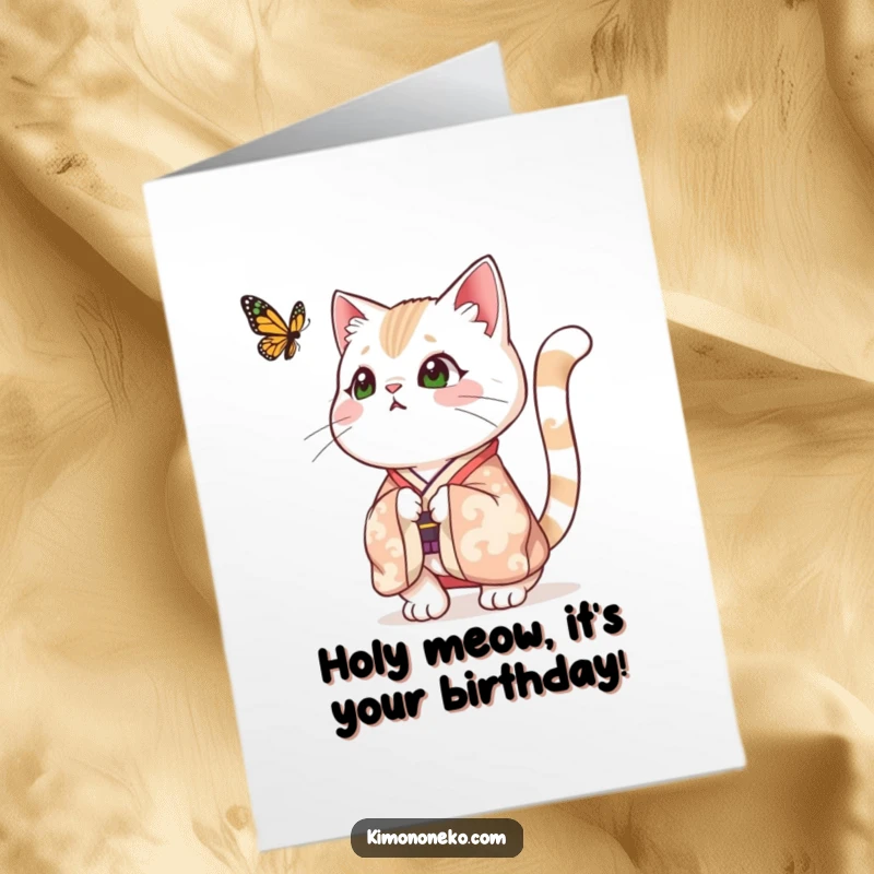 Funny Free Printable Birthday Card of a surprised cat in a festive kimono, tail puffed, reacting to a butterfly.