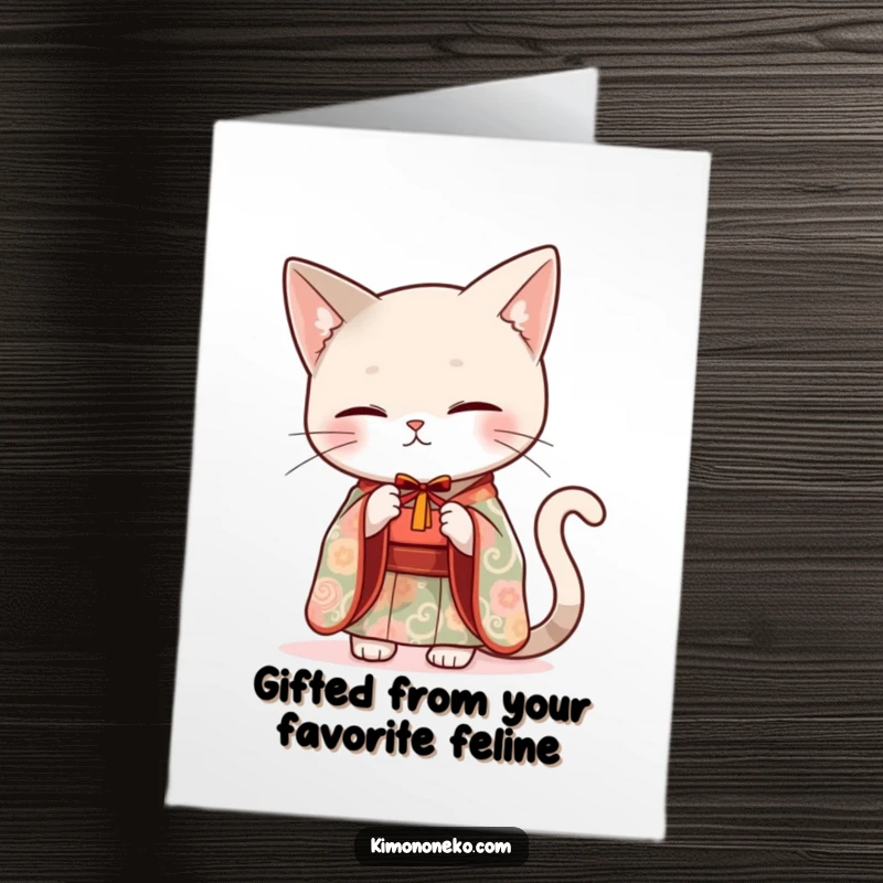 Funny Free Printable Birthday Card featuring a sleek cat in an elegant kimono offering a tiny, thoughtful gift.