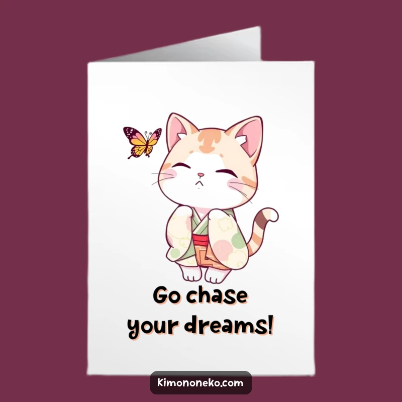 Free Printable Playful Cat Kimono Birthday Card: Fun Chase Humor Downloadable Gift