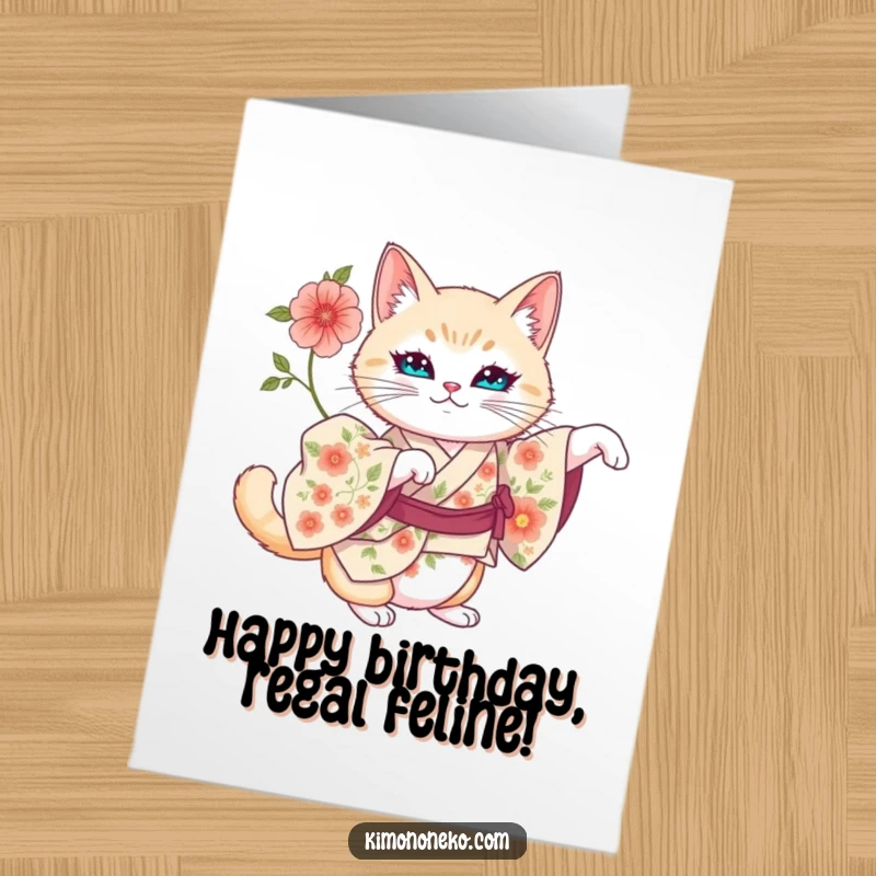Funny Free Printable Birthday Card: an artistic cat in a floral kimono stretching regally, a sophisticated and funny birthday greeting.