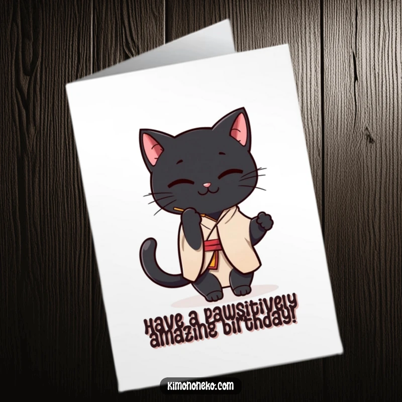 Funny Free Printable Birthday Card showcasing a Kawaii black cat in a simple kimono, playfully batting at a dangling string.