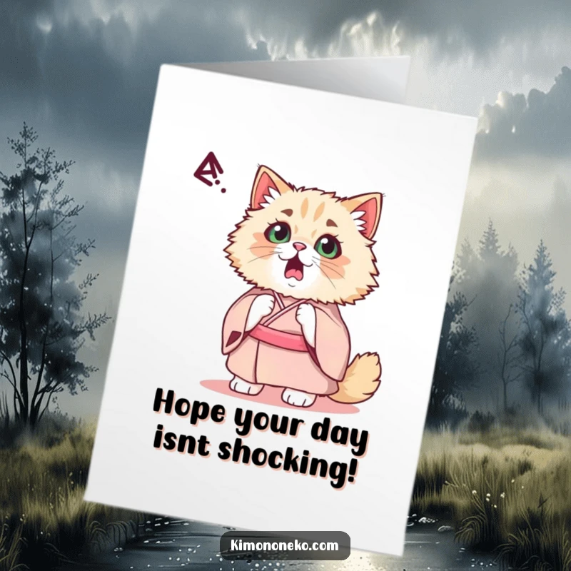 Funny Free Printable Birthday Card: Startled kawaii Persian cat in a fancy kimono reacting to noise.