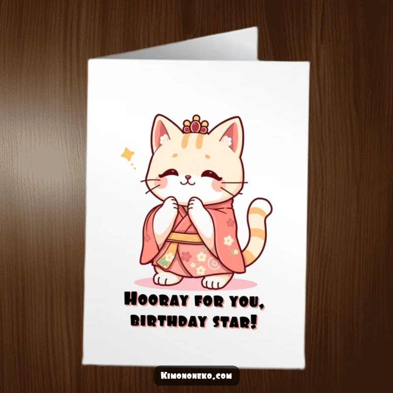 Funny Free Printable Birthday Card: Kawaii cat in a festive kimono enthusiastically clapping its paws in celebration.