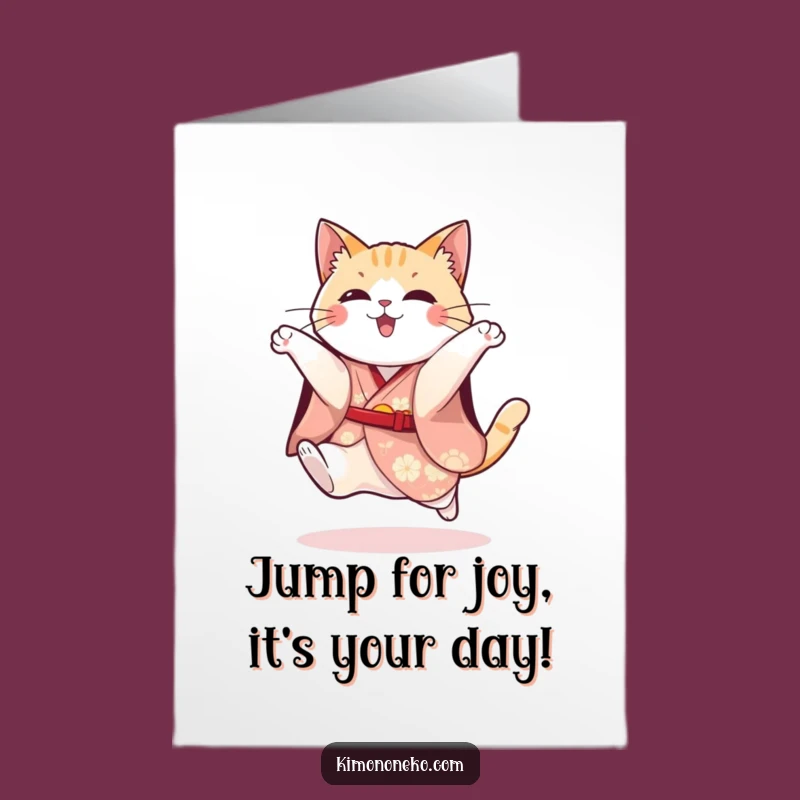 Free Printable Birthday Card: Playful Kimono Cat Jump - Downloadable Gift
