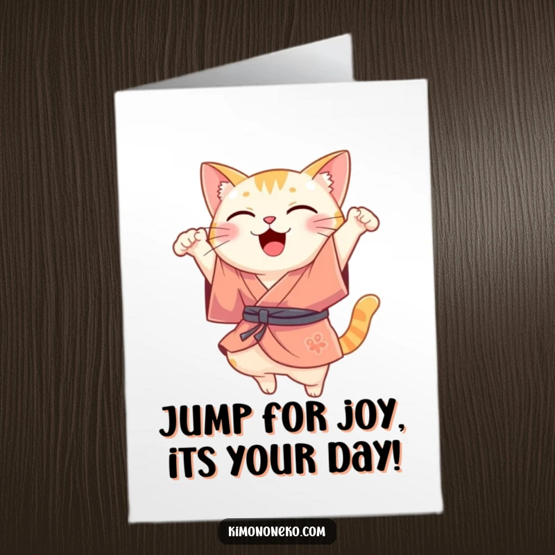 Funny Free Printable Birthday Card: Kawaii cat in a silk kimono performs a joyful leap, full of pure happiness and energy.