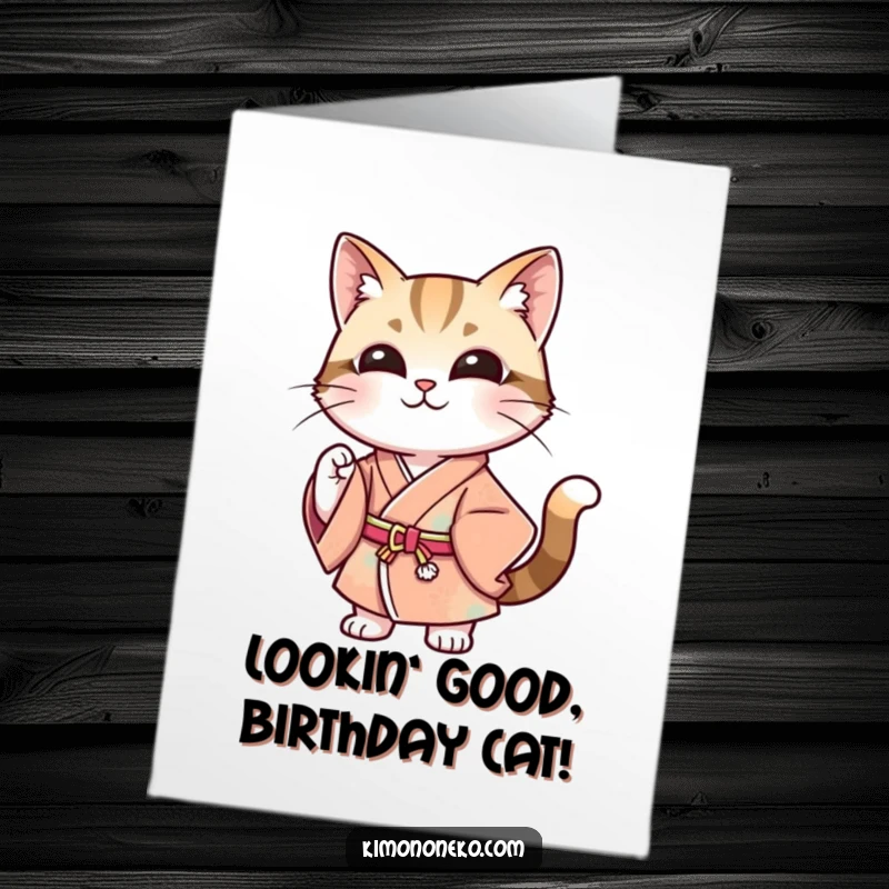 Funny Free Printable Birthday Card of a stylish cat in a modern kimono, striking a confident, smiling pose.