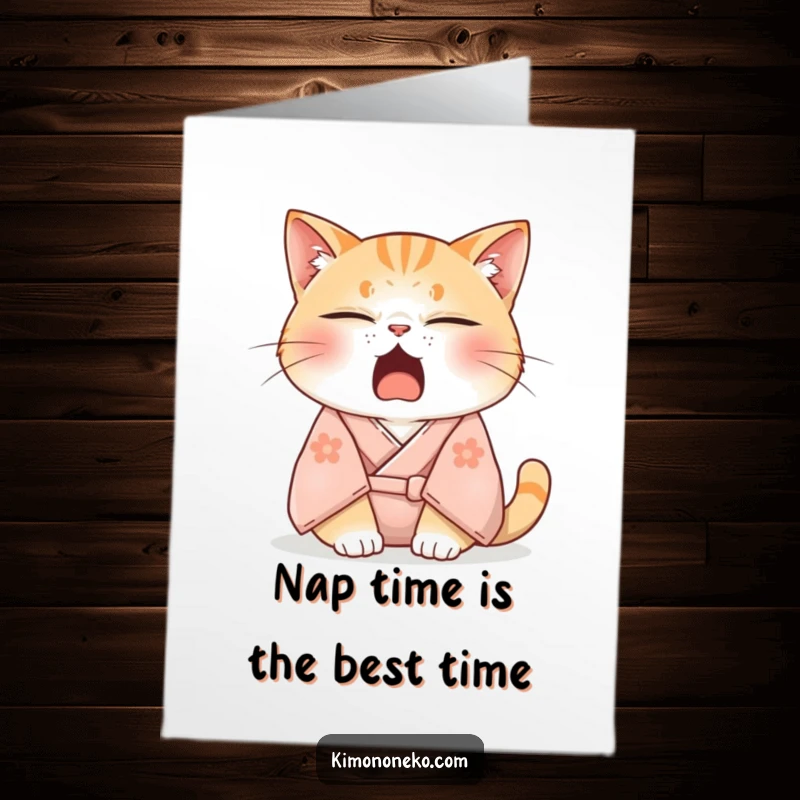 Funny Free Printable Birthday Card of a sleepy cat in a soft kimono, yawning adorably with eyes half-closed.