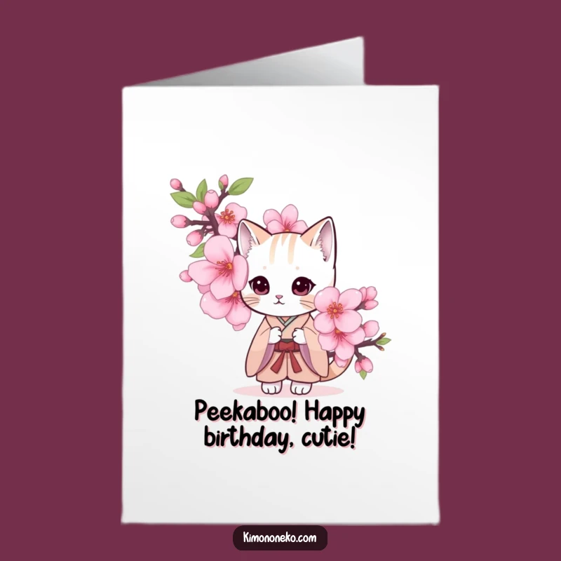 Free Printable Birthday Card: Shy Cat Kimono Cherry Blossom Funny Downloadable Gift