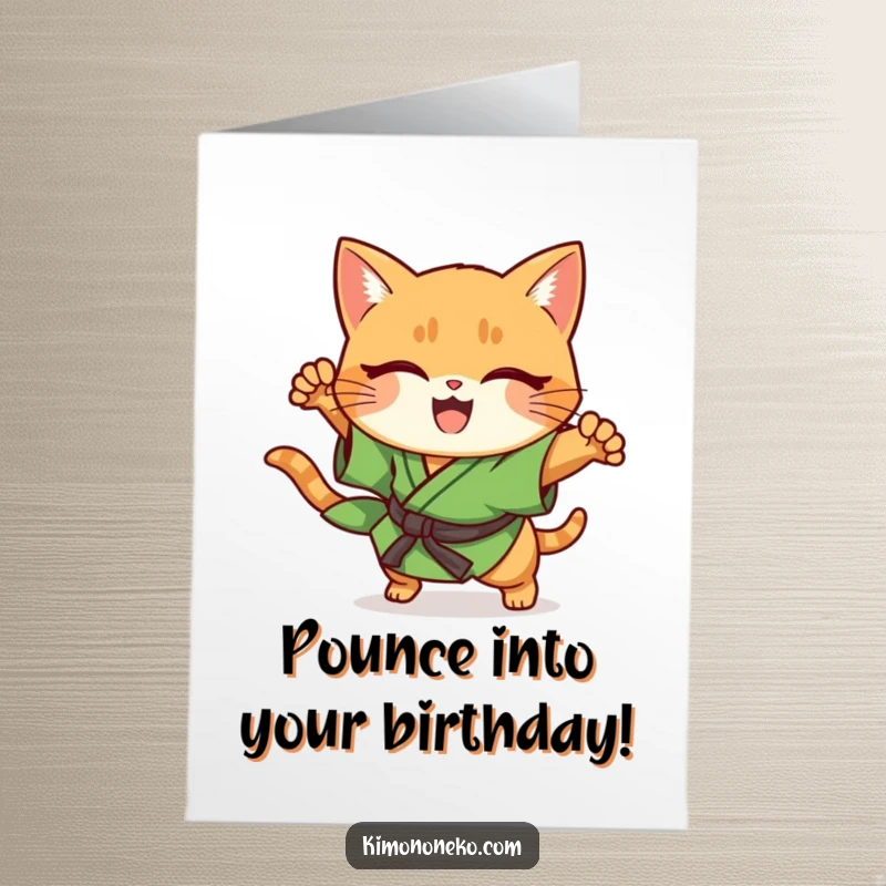 Funny Free Printable Birthday Card: Kawaii ginger cat in green kimono, mid-pounce, full of birthday energy.