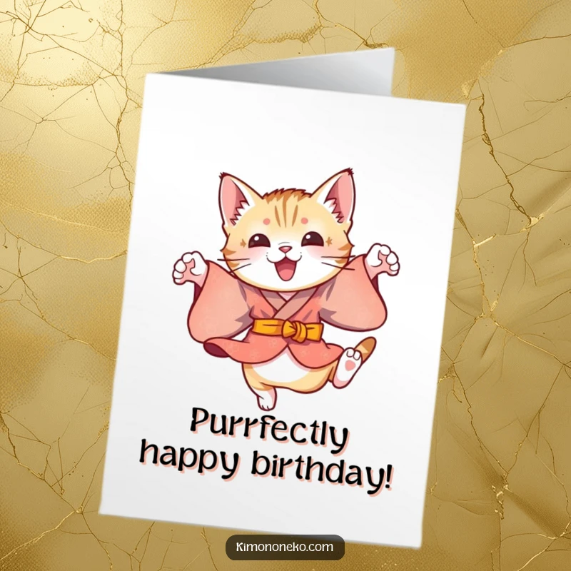 Funny Free Printable Birthday Card: A playful kitten in a colorful kimono performs a series of energetic, joyful leaps.