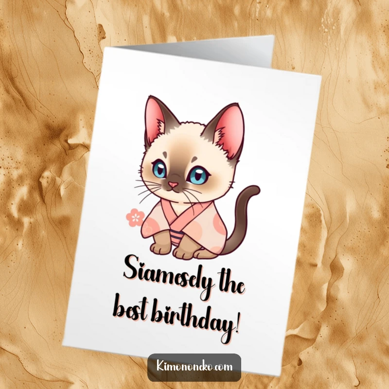 Funny Free Printable Birthday Card featuring a curious Siamese cat dressed in a patterned kimono, ready to celebrate.