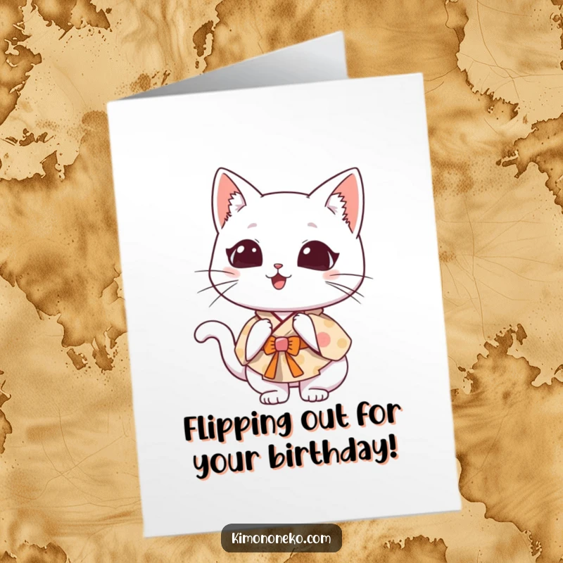 Funny Free Printable Birthday Card: Kawaii cat in a whimsical kimono doing a hilariously clumsy somersault.