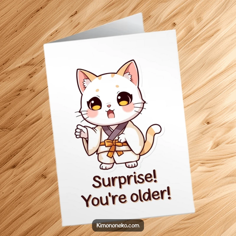 Funny Free Printable Birthday Card: Kawaii cat in a kimono, striking a dramatic pose of utter surprise.