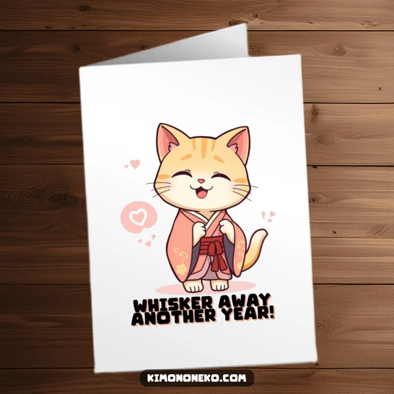 Funny Free Printable Birthday Card: Kawaii cat in an elegant kimono shares a secret, happy giggle, perfect for birthdays.