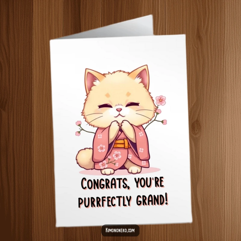 Funny Free Printable Cat Congratulations Card showing a fluffy cat in a cherry blossom kimono, bowing respectfully.