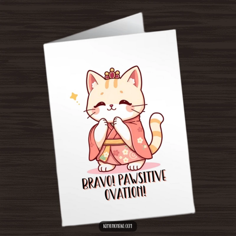 Funny Free Printable Congrats Card: Kawaii cat in a festive kimono clapping its paws with overwhelming enthusiasm.