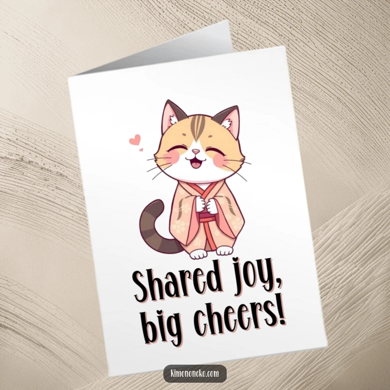 Funny Free Printable Congrats Card: Kawaii cat in an elegant kimono shares a secret giggle of delight.