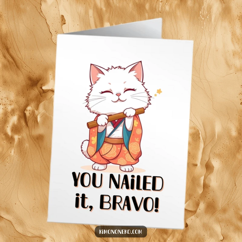 Funny Free Printable Congrats Card: A fluffy white cat in a vibrant kimono playfully miming a flute tune to celebrate.