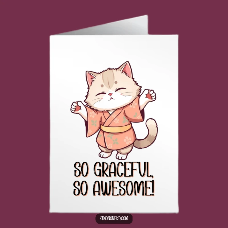 Free Printable Congrats Card: Cat Stretch in Floral Kimono - Downloadable Gift