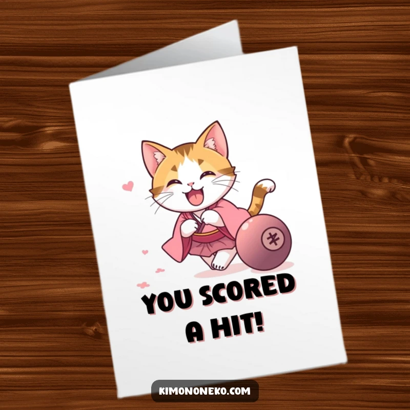 Funny Free Printable Congratulations Card featuring a kawaii calico cat in a pink kimono joyfully chasing a rolling ball, celebrating the win.