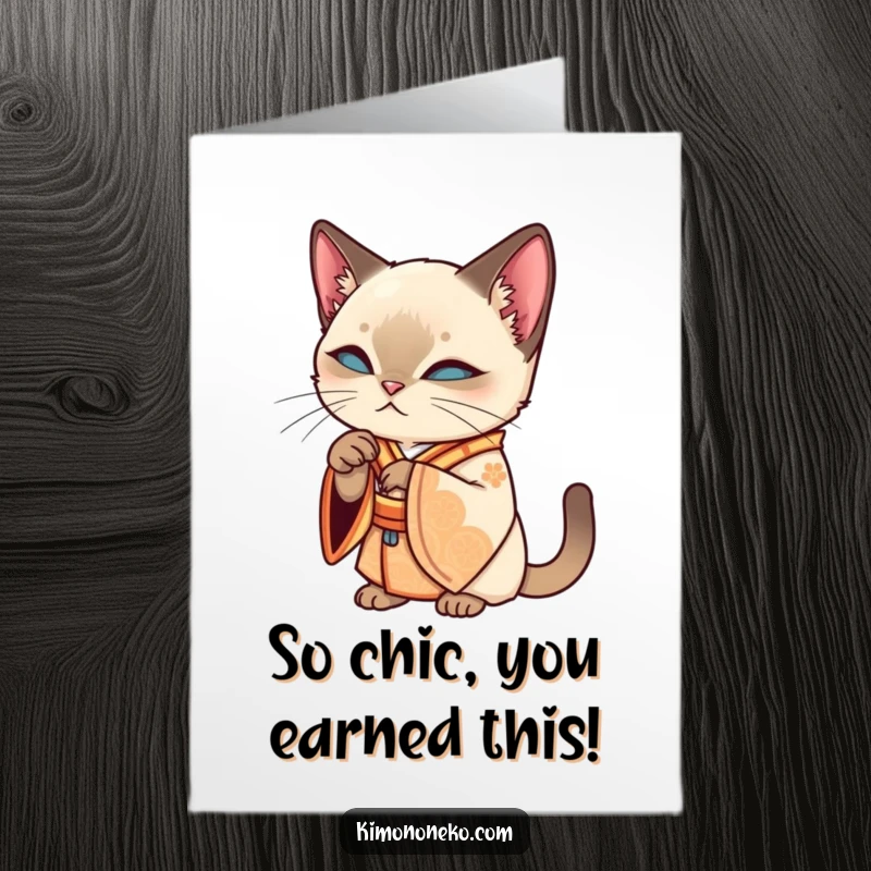 Funny Free Printable Congratulations Card showing a Siamese kawaii cat in an ornate kimono elegantly grooming its paw, radiating class.