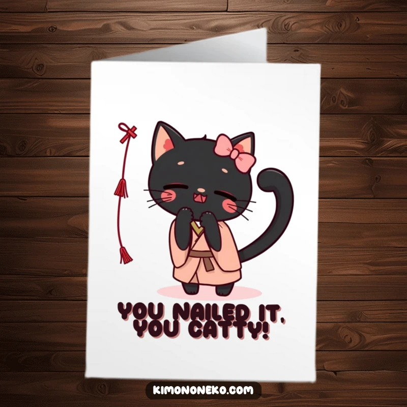 Funny Free Printable Congratulations Card: Kawaii black cat in a kimono, playfully batting a string, celebrating your big achievement.